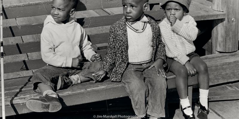 Three little kids on a park bench in Sausalito, California, 1962 Three little kids on a park bench in Sausalito, California, 1962